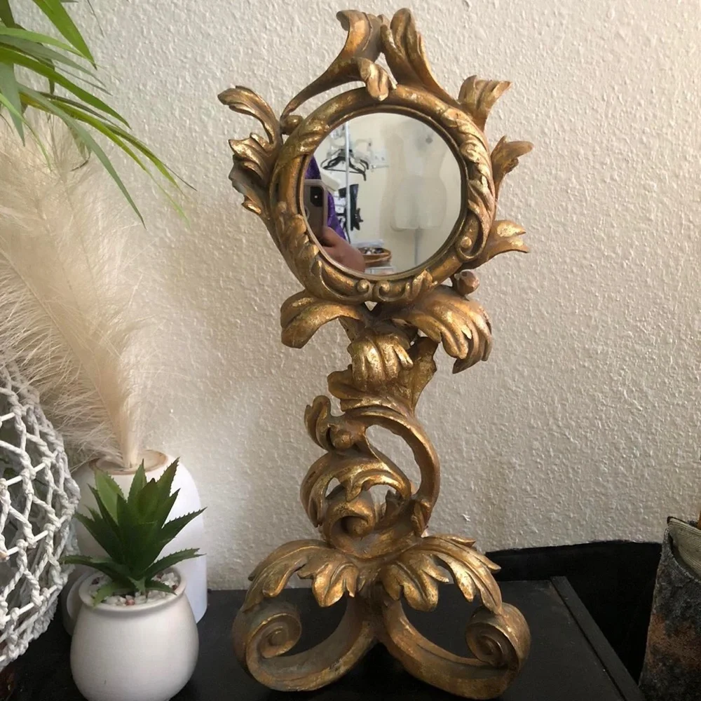 Vintage Art Nouveau MCM Ornate Brass Antique Whimsical Table Mirror Antique RARE